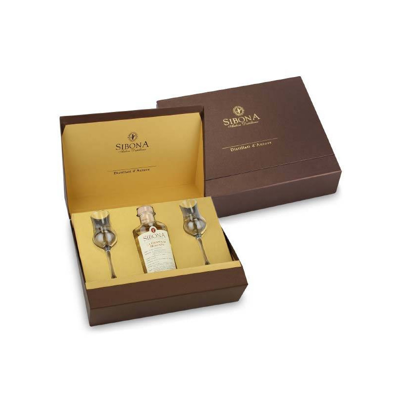Estuche Grappa Piemontese di Moscato Galleria + 2 copas Sibona